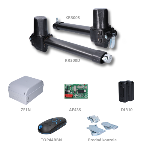 CAME KRONO STANDARD sada pre dvojkrídlovú bránu do 3m/krídlo, 1x KR300D, 1x KR300S (230V, 240W, 1500N), 1x ZF1N, 1x AF43S, 1x TOP44RBN, 1 pár DIR10